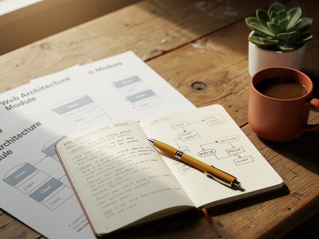 Material formativo sobre arquitectura web extendido en una mesa de trabajo con notas y diagramas