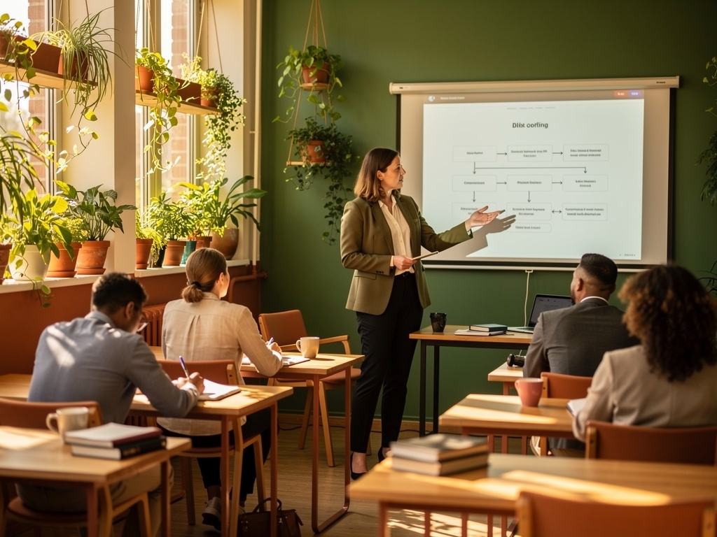 Sesión formativa en aula pequeña con propietarios de negocios atentos a una presentación sobre arquitectura web